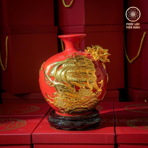 Bình Hút Lộc Men Đỏ Đắp Nổi Dát Vàng Gốm Sứ Bát Tràng - Phúc Lộc Viên Minh - BHL034