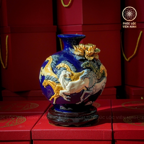 Bình Hút Lộc Men Xanh Coban Đắp Nổi Gốm Sứ Bát Tràng - Phúc Lộc Viên Minh - BHL035
