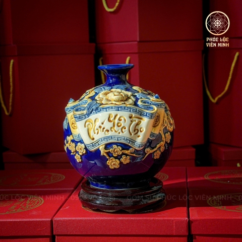 Bình Hút Lộc Men Xanh Coban Đắp Nổi Gốm Sứ Bát Tràng - Phúc Lộc Viên Minh - BHL036