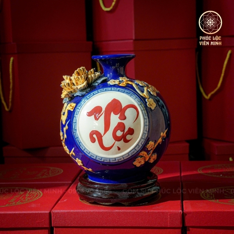 Bình Hút Lộc Men Xanh Coban Đắp Nổi Gốm Sứ Bát Tràng - Phúc Lộc Viên Minh - BHL037