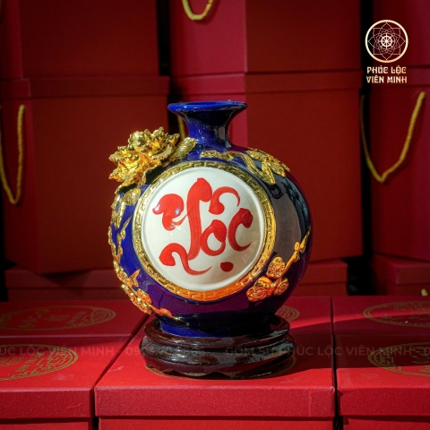 Bình Hút Lộc Men Xanh Coban Đắp Nổi Dát Vàng Gốm Sứ Bát Tràng - Phúc Lộc Viên Minh - BHL038