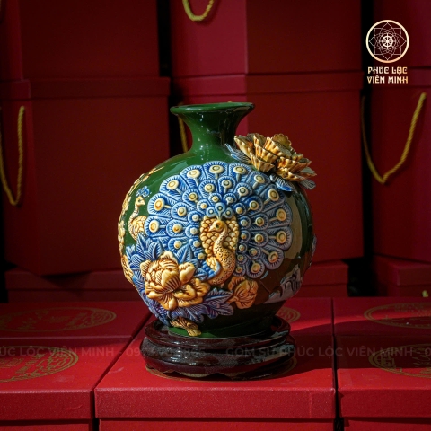 Bình Hút Lộc Men Xanh Lá Đắp Nổi Gốm Sứ Bát Tràng - Phúc Lộc Viên Minh - BHL039