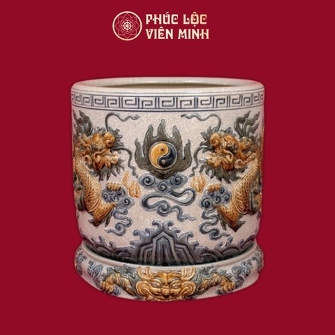 Bát Hương Song Long Chầu Nguyệt Men Rạn Gốm Sứ Bát Tràng - Phúc Lộc Viên Minh