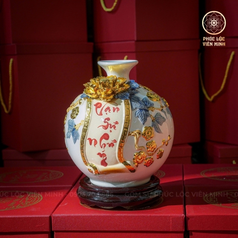 Bình Hút Lộc Men Trắng Đắp Nổi Dát Vàng Gốm Sứ Bát Tràng - Phúc Lộc Viên Minh - BHL004