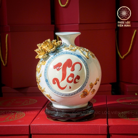 Bình Hút Lộc Men Trắng Đắp Nổi Gốm Sứ Bát Tràng - Phúc Lộc Viên Minh - BHL040