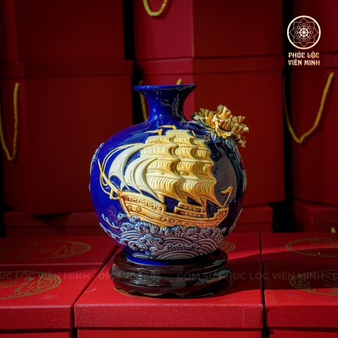 Bình Hút Lộc Men Xanh Coban Đắp Nổi Gốm Sứ Bát Tràng - Phúc Lộc Viên Minh - BHL042