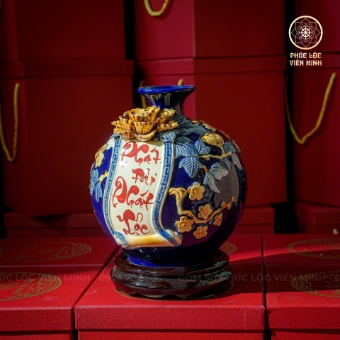 Bình Hút Lộc Men Xanh Coban Đắp Nổi Gốm Sứ Bát Tràng - Phúc Lộc Viên Minh - BHL043