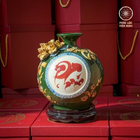 Bình Hút Lộc Men Xanh Lá Đắp Nổi Gốm Sứ Bát Tràng - Phúc Lộc Viên Minh - BHL044