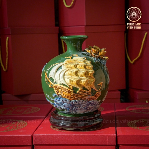 Bình Hút Lộc Men Xanh Lá Đắp Nổi Gốm Sứ Bát Tràng - Phúc Lộc Viên Minh - BHL045