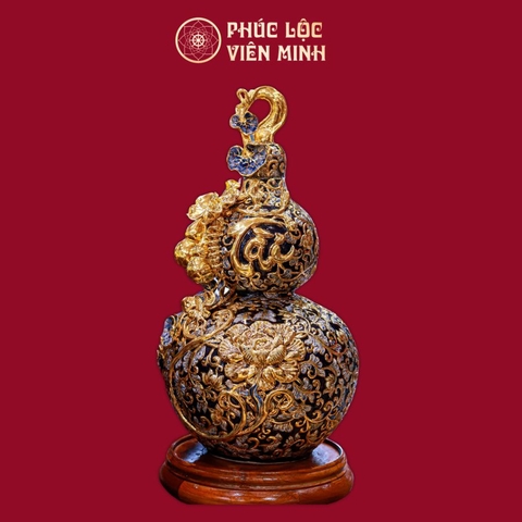 Hồ Lô Trăm Hoa Đua Nở Chữ Tài Đắp Nổi Men Xanh Coban Vẽ Vàng Gốm Sứ Bát Tràng - Phúc Lộc Viên Minh