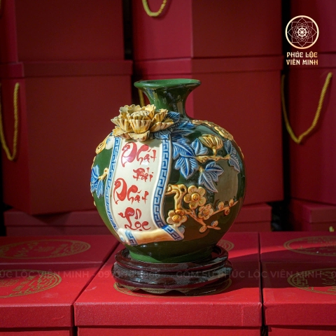 Bình Hút Lộc Men Xanh Lá Đắp Nổi Gốm Sứ Bát Tràng - Phúc Lộc Viên Minh - BHL047