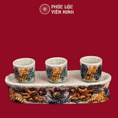 Kỷ Thẳng Rồng Chầu Nguyệt 3 Chén Men Rạn Đắp Nổi Gốm Sứ Bát Tràng - Phúc Lộc Viên Minh