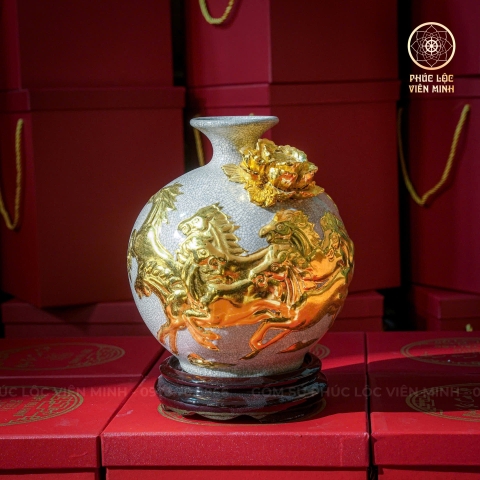 Bình Hút Lộc Đắp Nổi Dát Vàng Gốm Sứ Bát Tràng - Phúc Lộc Viên Minh - BHL048
