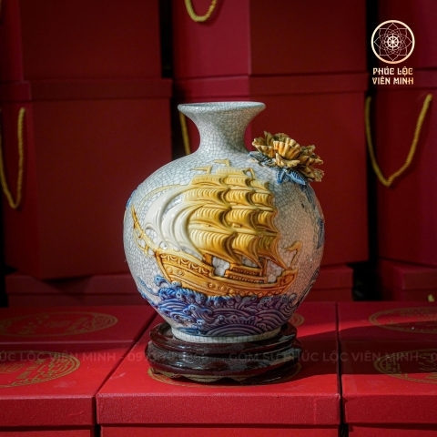 Bình Hút Lộc Đắp Nổi Gốm Sứ Bát Tràng - Phúc Lộc Viên Minh - BHL049