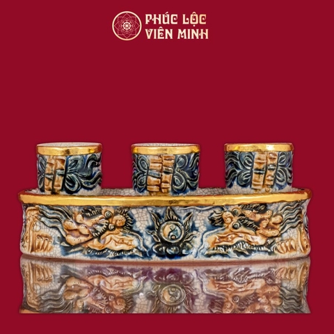 Kỷ Cong Rồng Chầu Nguyệt 3 Chén Men Rạn Bọc Đồng Gốm Sứ Bát Tràng - Phúc Lộc Viên Minh