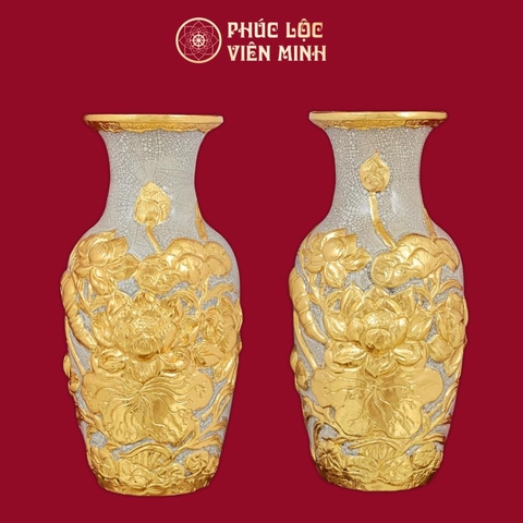 Lọ Hoa Sen Men Rạn Đắp Nổi Dát Vàng Gốm Sứ Bát Tràng - Phúc Lộc Viên Minh