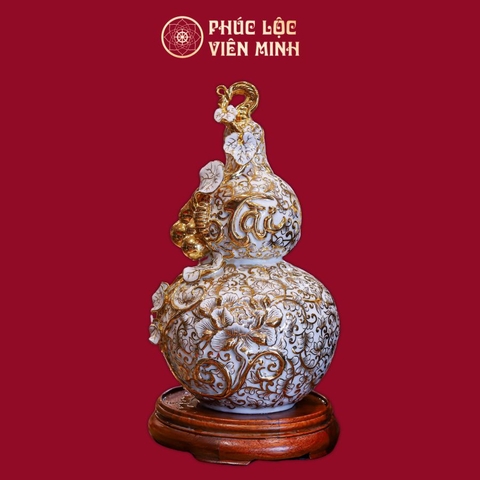 Hồ Lô Trăm Hoa Đua Nở Chữ Tài Đắp Nổi Men Trắng Vẽ Vàng Gốm Sứ Bát Tràng - Phúc Lộc Viên Minh