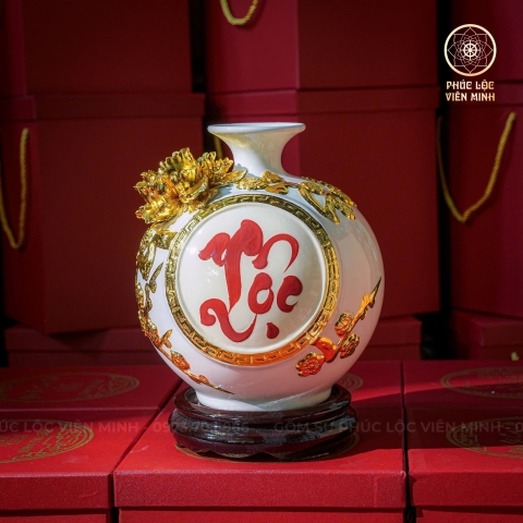 Bình Hút Lộc Men Trắng Đắp Nổi Dát Vàng Gốm Sứ Bát Tràng - Phúc Lộc Viên Minh - BHL005