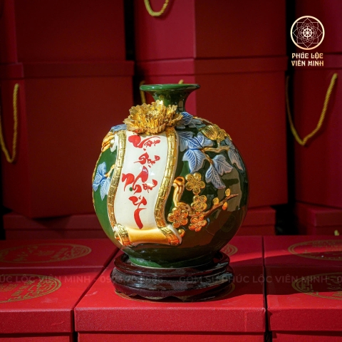 Bình Hút Lộc Men Xanh Lá Đắp Nổi Gốm Sứ Bát Tràng - Phúc Lộc Viên Minh - BHL051