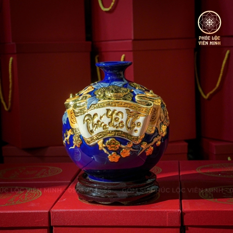 Bình Hút Lộc Men Xanh Coban Đắp Nổi Dát Vàng Gốm Sứ Bát Tràng - Phúc Lộc Viên Minh - BHL052
