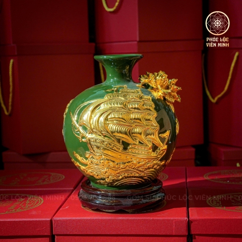 Bình Hút Lộc Men Xanh Lá Đắp Nổi Gốm Sứ Bát Tràng - Phúc Lộc Viên Minh - BHL053