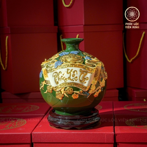 Bình Hút Lộc Men Xanh Lá Đắp Nổi Dát Vàng Gốm Sứ Bát Tràng - Phúc Lộc Viên Minh - BHL054