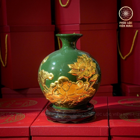 Bình Hút Lộc Men Xanh Lá Đắp Nổi Dát Vàng Gốm Sứ Bát Tràng - Phúc Lộc Viên Minh - BHL055