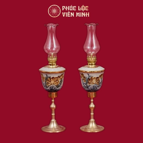 Đèn Thờ Vai Vuông Sen Chân Đồng Men Rạn Gốm Sứ Bát Tràng - Phúc Lộc Viên Minh