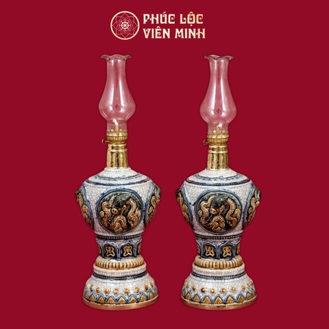 Đèn Thờ Bát Đào Thọ Cát Tường Chân Đồng Thếp Vàng Men Rạn Vẽ Vàng Gốm Sứ Bát Tràng - Phúc Lộc Viên Minh