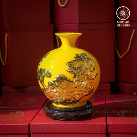 Bình Hút Lộc Men Vàng Dát Vàng Gốm Sứ Bát Tràng - Phúc Lộc Viên Minh - BHL006