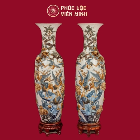 Lọ Lộc Bình Đắp Nổi Men Rạn Diên Niên Trường Thọ Cao Cấp Gốm Sứ Bát Tràng - Phúc Lộc Viên Minh