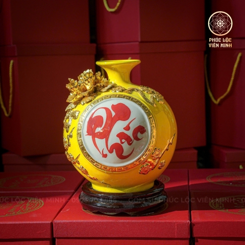 Bình Hút Lộc Men Vàng Đắp Nổi Dát Vàng Gốm Sứ Bát Tràng - Phúc Lộc Viên Minh - BHL007