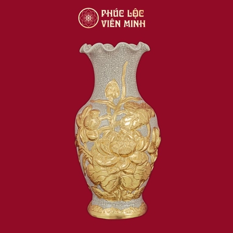 Lọ Hoa Miệng Lượn Hoa Sen Men Rạn Dát Vàng Gốm Sứ Bát Tràng - Phúc Lộc Viên Minh