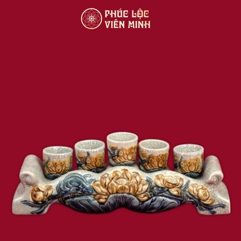 Kỷ Ngai Sen 5 Chén Men Rạn Đắp Nổi Gốm Sứ Bát Tràng - Phúc Lộc Viên Minh