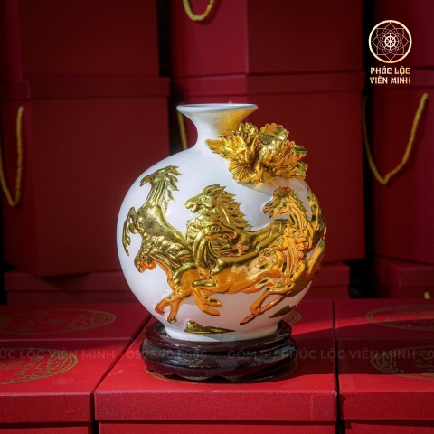Bình Hút Lộc Men Trắng Đắp Nổi Dát Vàng Gốm Sứ Bát Tràng - Phúc Lộc Viên Minh - BHL008