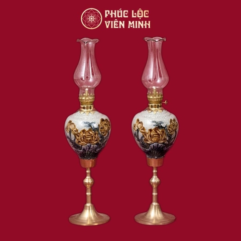 Đèn Thờ Quả Táo Sen Chân Đồng Men Rạn Gốm Sứ Bát Tràng - Phúc Lộc Viên Minh