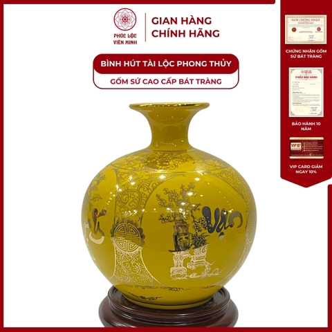 Bình Hút Lộc Tứ Cảnh Vạn Sự Như Ý Cổ Hoa Decal Vàng Kim Gốm Sứ Bát Tràng - Phúc Lộc Viên Minh