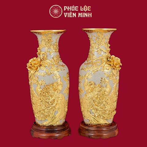 Lọ Hoa Công Danh Phú Quý Kênh Bong Men Rạn Dát Vàng Gốm Sứ Bát Tràng - Phúc Lộc Viên Minh