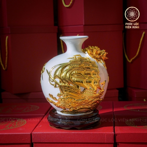 Bình Hút Lộc Men Trắng Đắp Nổi Dát Vàng Gốm Sứ Bát Tràng - Phúc Lộc Viên Minh - BHL009