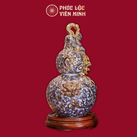 Hồ Lô Trăm Hoa Đua Nở Chữ Lộc Đắp Nổi Men Trắng Vẽ Vàng Gốm Sứ Bát Tràng - Phúc Lộc Viên Minh