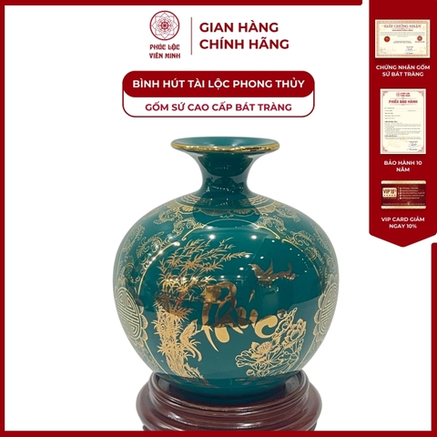 Bình Hút Lộc Tam Cảnh Phúc Lộc Thọ Vẽ Vàng Kim Gốm Sứ Bát Tràng - Phúc Lộc Viên Minh