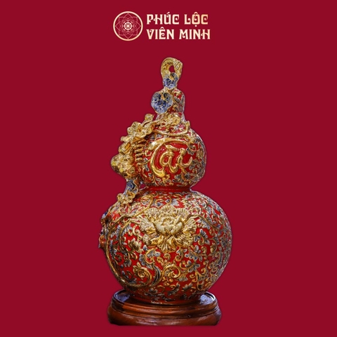 Hồ Lô Trăm Hoa Đua Nở Chữ Tài Đắp Nổi Men Đỏ Vẽ Vàng Gốm Sứ Bát Tràng - Phúc Lộc Viên Minh