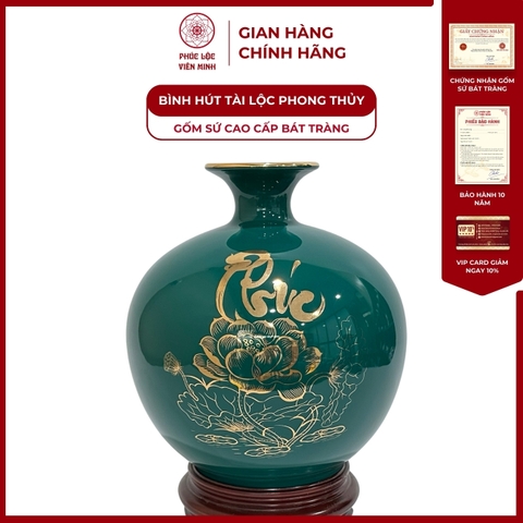 Bình Hút Lộc Chữ Phúc Lộc Vẽ Vàng Kim Gốm Sứ Bát Tràng - Phúc Lộc Viên Minh - PLVM154