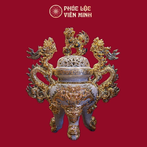 Lư Hương Men Rạn Đắp Nổi Vẽ Vàng Gốm Sứ Bát Tràng - Phúc Lộc Viên Minh