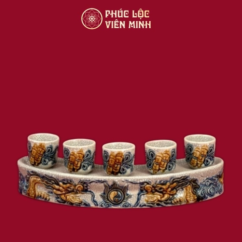 Kỷ Cong Rồng Chầu Nguyệt 5 Chén Men Rạn Gốm Sứ Bát Tràng - Phúc Lộc Viên Minh
