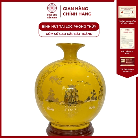 Bình Hút Lộc Tam Cảnh Hà Nội Vẽ Vàng Kim Gốm Sứ Bát Tràng - Phúc Lộc Viên Minh