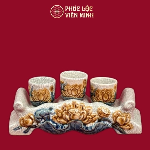 Kỷ Ngai Sen 3 Chén Men Rạn Đắp Nổi Gốm Sứ Bát Tràng - Phúc Lộc Viên Minh