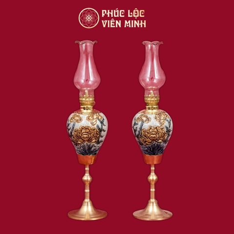 Đèn Thờ Quả Lê Chân Đồng Sen Men Rạn Gốm Sứ Bát Tràng - Phúc Lộc Viên Minh