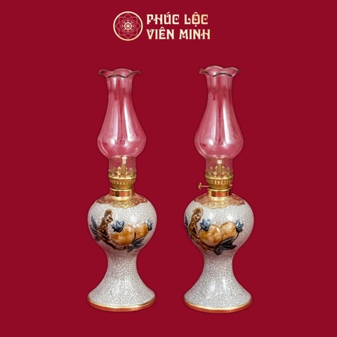 Đèn Thờ Váy Tròn Đào Men Rạn Đắp Nổi Gốm Sứ Bát Tràng - Phúc Lộc Viên Minh