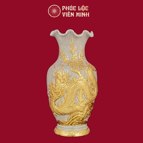Lọ Hoa Miệng Lượn Rồng Men Rạn Dát Vàng Gốm Sứ Bát Tràng - Phúc Lộc Viên Minh